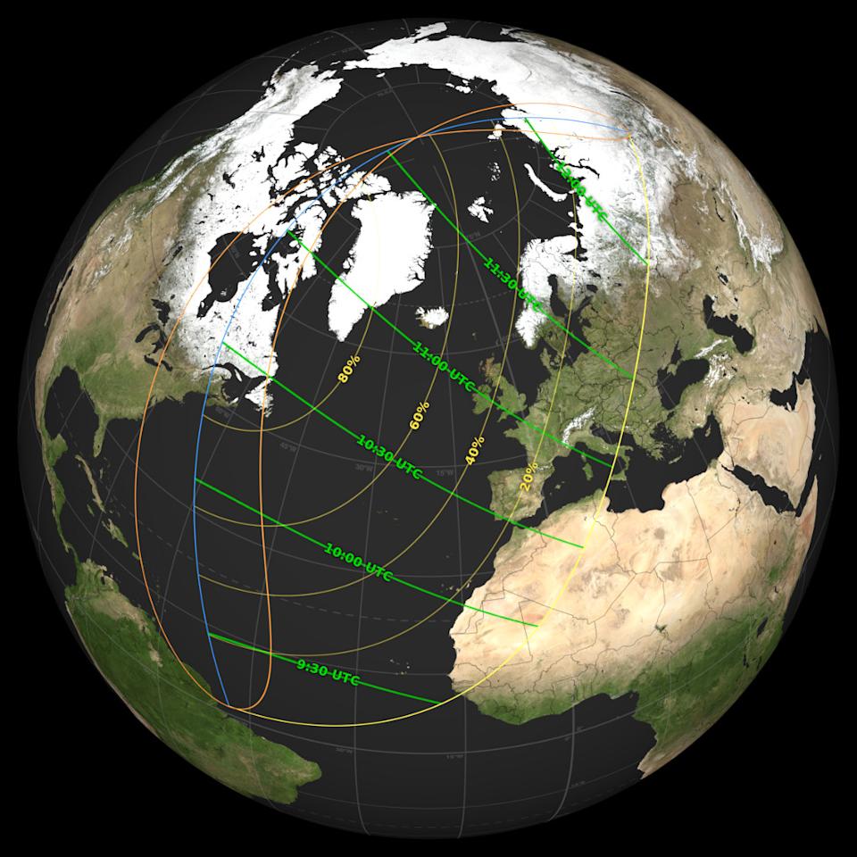 This NASA map shows the extent of the moon's coverage of the sun during the March 29 eclipse.