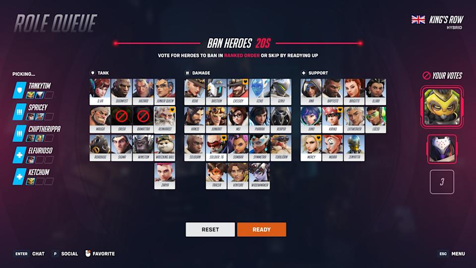 The screen displaying the heroes you can ban and your current votes, before a match of competitive Overwatch 2.
