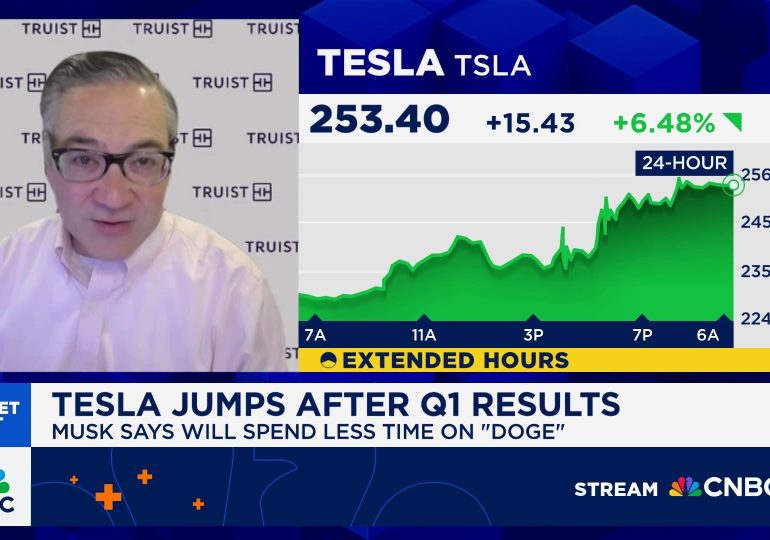 Tesla stock pops after Trump comments on China tariffs and Powell, despite weak earnings