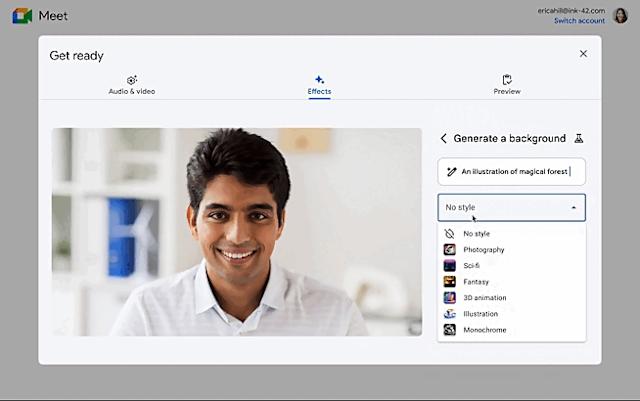 Plugging in a prompt to generate an AI background in Google Meet.