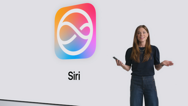 Apple's Kelsey Peterson in front of a board with Siri's name and logo.