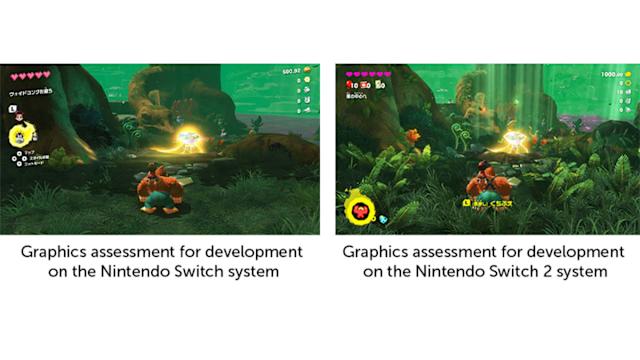A side-by-side view of Donkey Kong Bananza on Switch and Switch 2. The latter has a much richer environment.
