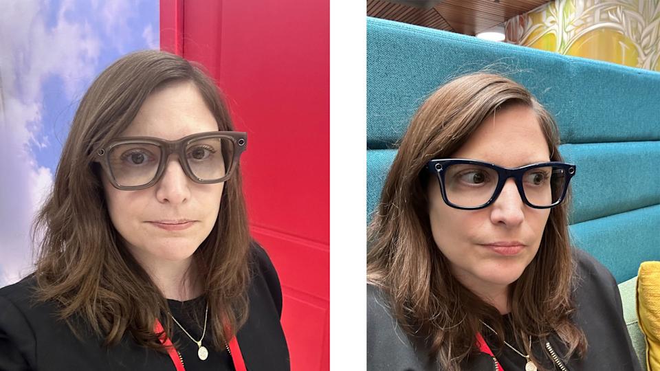 The Meta Ray-Ban Display (left) and second-gen Ray-Ban Meta glasses (right.) The display glasses a little thicker.