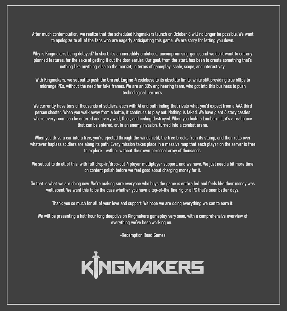 A statement posted by the developers of Kingmakers announcing that the game is delayed