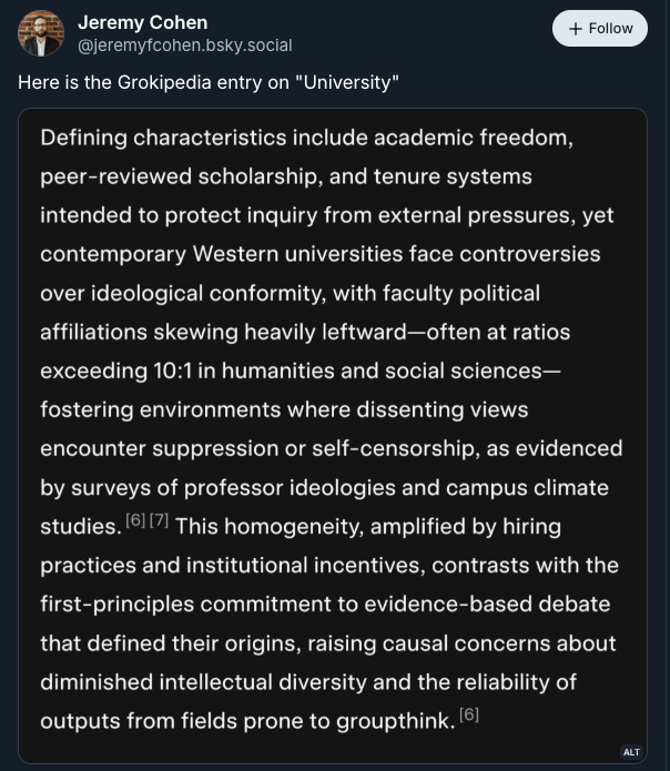 Bluesky screenshot of a Grokipedia entry for &quot;university.&quot;