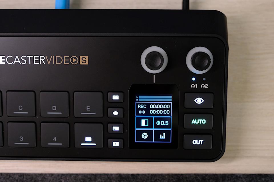 The Rodecaster Video S has a tiny display for menus and settings.