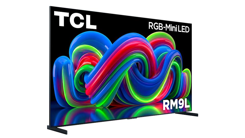 A TCL RM9L RGB-Mini LED TV angled to the left on a white background.